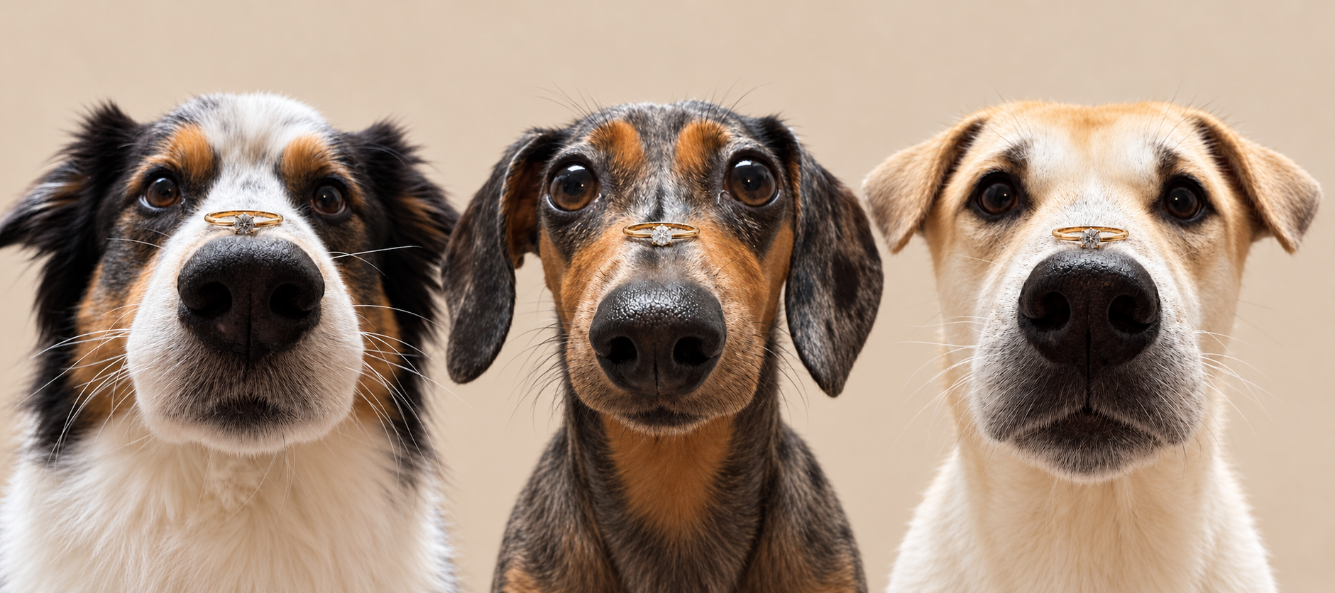 Drei Hunde vor einem beigen Hintergrund, jeder mit einem Ring auf der Nase.